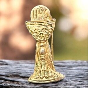 Vintage Sterling Gold Tone Christian Eucharist Communion Brooch Pin 1in